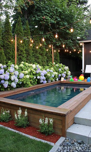 Bella piscina de madera con flores 💐 | Piscinas Casa