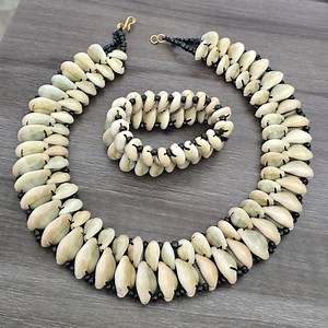 Bold Cowrie Shell Jewelry Set | Handmade African Necklace & Bracelet | Natural Sea Shell Statement Set, Black Beads | Tribal Coastal Jewelry - Etsy