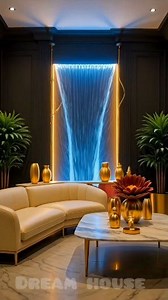 A stunning indoor waterfall installed behind the sofa, creating a serene and high-end focal point in the living room. The flowing water, soft ambient lighting, and elegant interior styling combine to deliver a calming yet luxurious atmosphere. #interiordesign #waterfall #luxury | Dream House