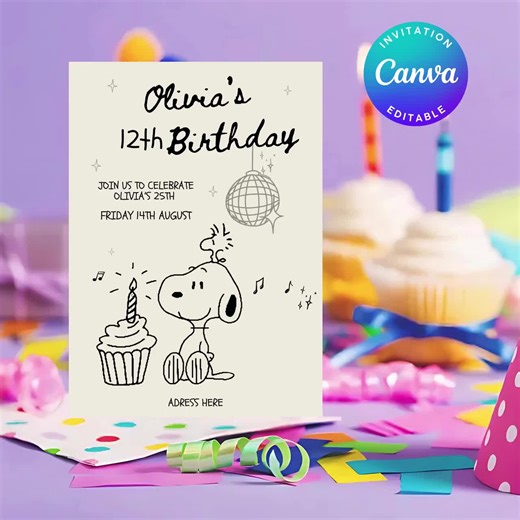 Editable Cute Dog Birthday Invitation, Minimal Cartoon Puppy Party Template, Printable Canva Invite for Kids' Celebration or Girls' Party - Etsy