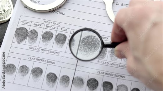 Checking fingerprint card with a magnifying glass. Crime investigation, biometric identification and law enforcement tools.