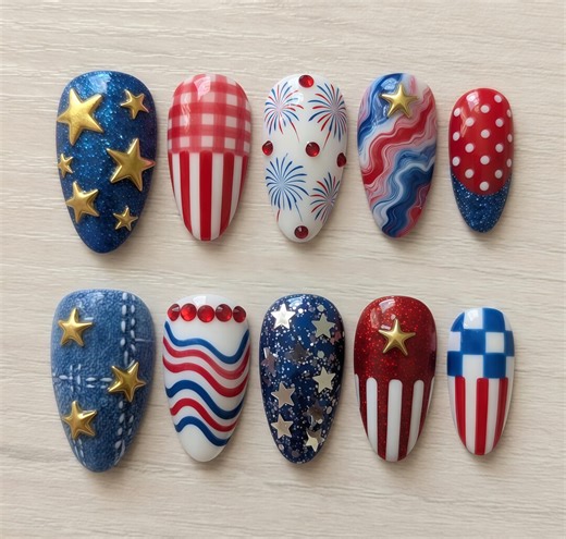 4th of July Press on Nails, Patriotic Red White Blue Set, 3D Star Denim Nails, Independence Day USA Themed Nails, Firework Stripes Nail Art - Etsy