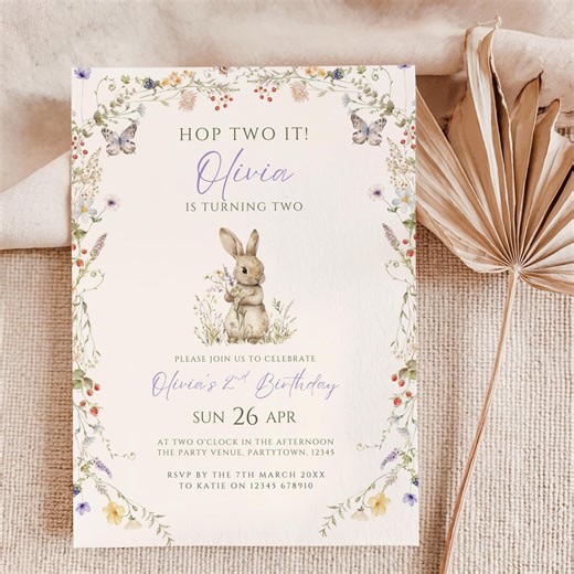 Hop Two It Birthday Invitation Bunny 2nd Birthday Invite Rabbit Floral Second Birthday Girl Evite Spring Bunny Theme Party Garden - Etsy