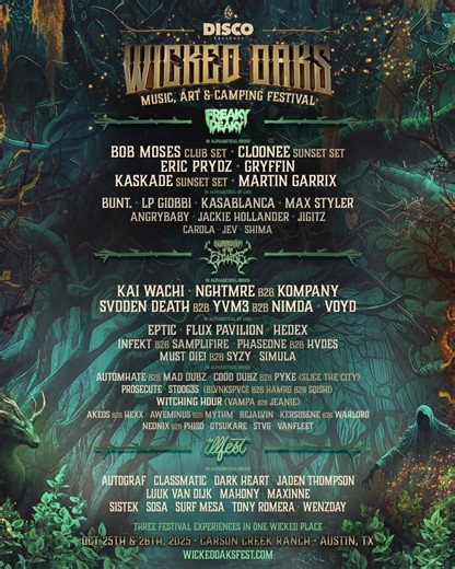 Prepare yourself for a spellbinding lineup beneath the ancient trees of Wicked Oaks. 🌳✨ The trinity of Freaky Deaky , Summoning Fest and ILLfest unite to unleash a magical celebration of music and art. Tickets & Camping on-sale now! | Wicked Oaks Festival