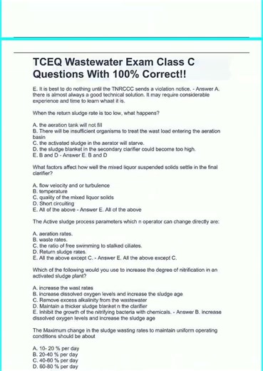 TCEQ Wastewater Exam Class C Questions With 100 Correct video