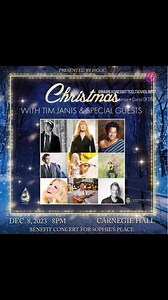 CARNEGIE HALL CHRISTMAS! I'm so very excited to be in Carnegie Hall concert Christmas with the wonderful Tim Janis, Loreena McKennitt, & a host of amazing special guest artists to benefit Sophie's Place 🎶 Ticket link in comments and stories! 🌟🎻💫 With a full orchestra and a 150-voice choir, American composer and performer Tim Janis will lead the special fundraising concert benefitting Sophie's Place. Other performers include Billboard Top Ten Artist Ben Rector, Grammy Award-winner Lisa Fische