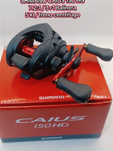 🎣 Shimano Caius 150 HG — Especificaciones Técnicas 📌 Tipo de carrete • Baitcasting / perfil bajo (rotativo) ⚙️ Transmisión y rendimiento • Relación de transmisión: 7.2:1 (alta velocidad de recuperación) • Recuperación por vuelta de manivela: ~75–80 cm de línea por giro • Cantidad de rodamientos: 4 (3 1) para giro suave 🧲 Freno y control • Arrastre máximo (Drag): ~5 kg • Sistema de freno: Freno centrífugo ajustable (Variable Brake System o similar) • Super Free Spool: Reduce fricción para lanz