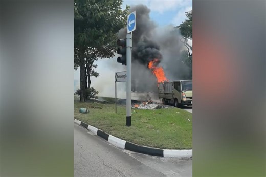 Two people taken to hospital after lorry catches fire in Sembawang