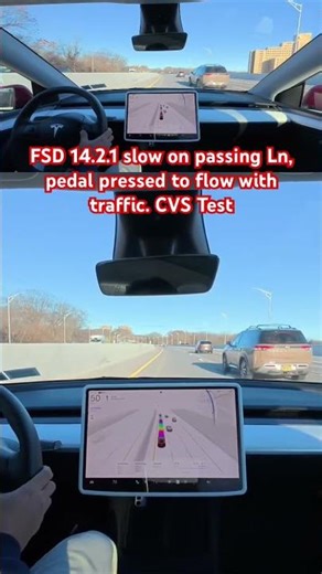 FSD 14.2.1 slow on passing Ln, pedal pressed to flow with traffic. CVS Test #teslafsd #fsdbeta #fsd