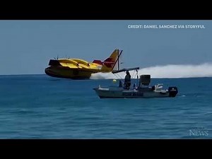 Europe wildfires: Water bomber refills off Spanish beach