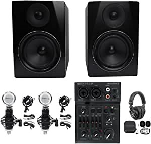 Rockville APM6B 6.5" USB Studio Monitor Speakers Bundle with Rockville RockMix 2 Recording Mixer with USB Interface, (2) Rockville RCM03 Microphone, Rockville PRO-M50 Studio Headphones (4 Items)