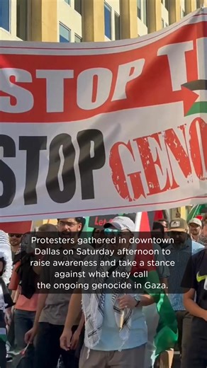 Protesters gathered in downtown Dallas Saturday afternoon to raise awareness and take a stance against what they call the ongoing genocide in Gaza, where thousands have been killed, wounded or displaced from the continued warfare. | The Dallas Morning News