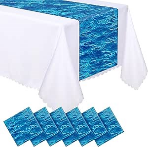 VitalCozy 6 Pcs Ocean Plastic Table Runner 14 x 108 Inch Disposable Blue Water Print Coastal Table Runner for Summer Beach Birthday Mermaid Theme Party Supplies