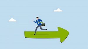 Wrong direction lead to mistake, 4k animation perplexed entrepreneur sprinting in the incorrect direction of the trend arrow.