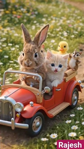 The rabbit and the puppy are riding around in the cart. #my #cute #village #funny