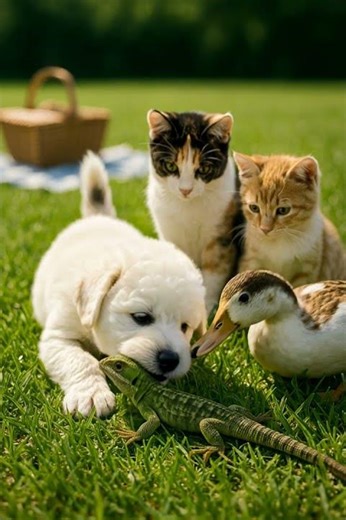 Curious Picnic Friends Discover a Lizard 🐶🐱🦆🦎