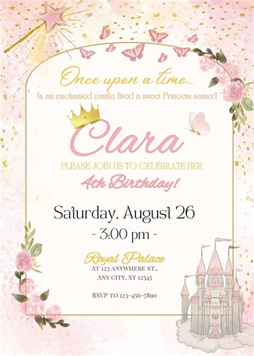 Once Upon a Time Birthday Invitation, Princess Party Invite, Editable Canva Template, Digital Download - Etsy