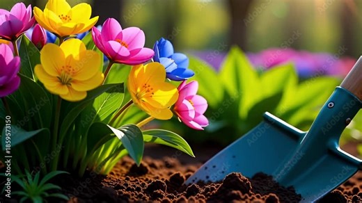 A small blue garden trowel is poised in rich, dark soil next to a vibrant bed of blooming colorful spring flowers.