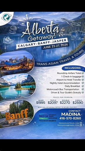 ✨ Alberta Getaway: Calgary • Banff • Jasper ✨ June 23–27, 2026 Experience the best of Alberta on this unforgettable guided getaway. From vibrant Calgary to the breathtaking beauty of Banff and Jasper, this tour is designed for comfort, convenience, and incredible scenery. ✔️ Roundtrip airfare ✔️ 1 checked-in baggage ✔️ Airport to hotel transfers ✔️ Nightly hotel accommodations ✔️ Daily breakfast ✔️ Motorcoach transportation ✔️ Driver & tour guide gratuities included 💲 Price per person: Quad: $1
