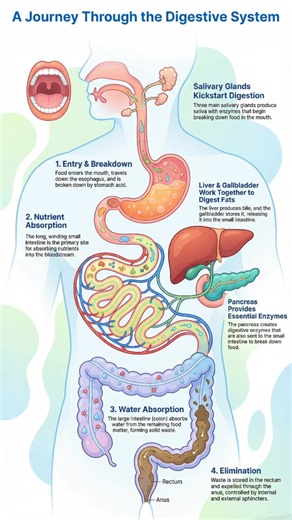 Food doesn’t just disappear after you eat. 🍽️ It travels through a well-organized digestive system where enzymes break it down, nutrients are absorbed, water is reclaimed, and waste is eliminated. Every step is precisely controlled to fuel your body and maintain balance—quietly working 24/7. #DigestiveSystem #HumanAnatomy #BiologyBasics #ScienceLearning #HealthScience | Scoolam Foundation