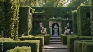 A hedge maze with enchanted statues and hidden alcoves filled with treasures and secrets