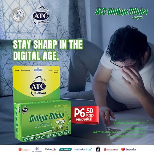 Too much screen time can lead to mental fatigue. Ginkgo Biloba helps fight digital burnout by supporting focus and mental clarity. SHOP NOW‼️ 🛒TikTok: https://tinyurl.com/yx5f5tpp 🛒ATC Official Website: www.atchealthcare.com.ph 🛒Lazada: https://tinyurl.com/3mf2fcxk 🛒Shopee: www.shopee.ph/atchealthcare #20thAnniversary #ATCGinkgoBiloba #ATCHealthcare #YourTrustedLifeAlly #brainhealth #study #healthylifestyle | ATC Ginkgo Biloba