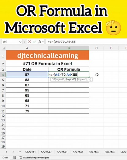 Learn how to use the OR formula in Excel to test multiple conditions at the same time. The OR function returns TRUE if any one condition is met and FALSE only if all conditions fail. #ExcelTips #ExcelFormula #ORFormula #ExcelShorts #LearnExcel #MSExcel #ExcelFunctions #SpreadsheetTips #OfficeSkills #TechShorts | DJtechnicallearning
