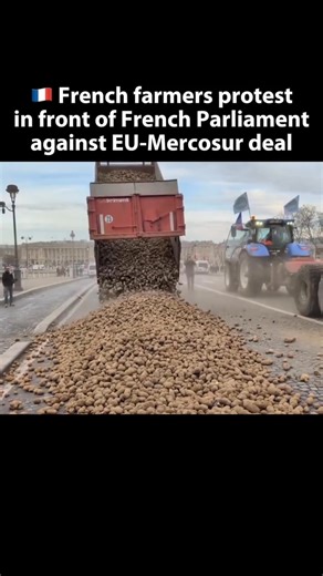 🇫🇷 France | Farmers’ Protest French farmers dumped tonnes of potatoes outside the French Parliament in a symbolic protest against the proposed EU–Mercosur trade agreement. Farmers argue the deal would allow cheaper agricultural imports from South America to undercut local producers, threatening incomes and food standards. | Front Line Pacific