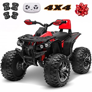 Funride 24 Volt Ride on Toys, 4WD Electric ATV for Kids, Power Car Wheels with Kneepads, Bluetooth, Horn, Music, LED Light, Red
