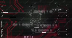 Glitch bars sweeping while skull outline fading and red circuits pulsing with HTML code dissolving