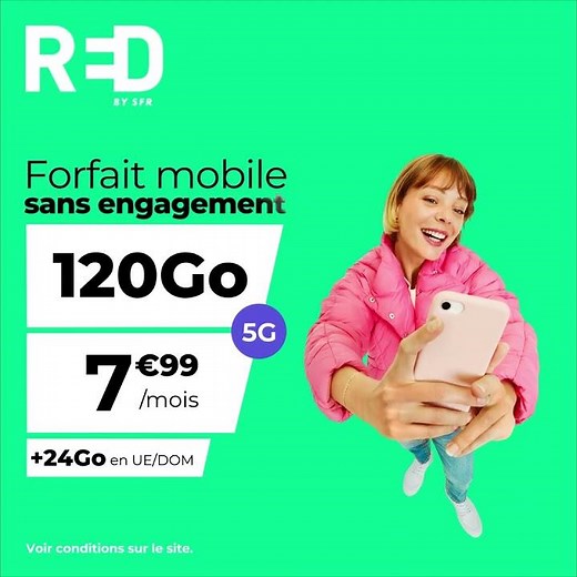 RED by SFR - Forfait Mobile sans engagement 120Go 5G à 7,99euros par mois