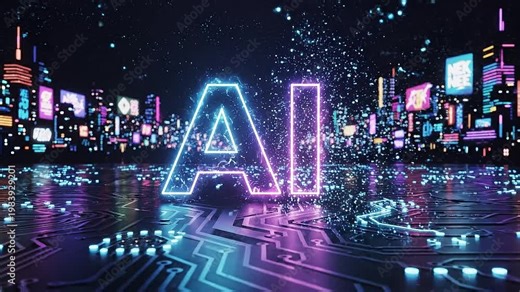 Futuristic animated ai text logo in cinematic 4k motion graphics with neon lights and cityscape