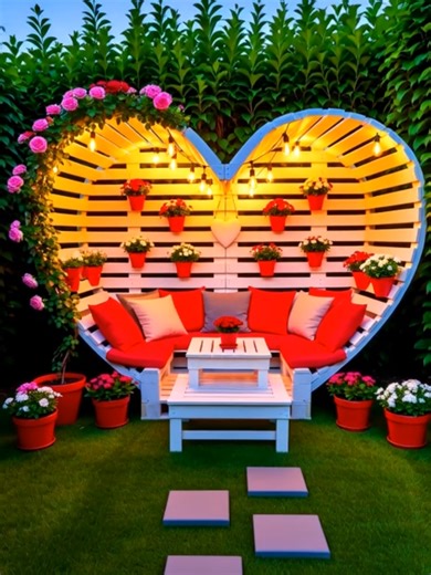 Pallet Heart Shaped Garden Gazebo with Seating #diy #pallet #pallets #wooden #woodenpallet #diypallet #wood #woodart #woodwork #woodworking #woodworker #diygarden #garden #gardendesign #playhouse #pergola #gazebo #palletfurniture #cathouse #cattree DIY Pallet Furniture Ideas The structure is a creative example of upcycled pallet furniture, featuring a heart-shaped frame, built-in bench seating with red cushions, and a central white coffee table. These types of projects are often featured in coll