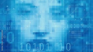 Artifical intelligence, digital identity, obscured Pixelated face, binary code - 4k abstract blue background