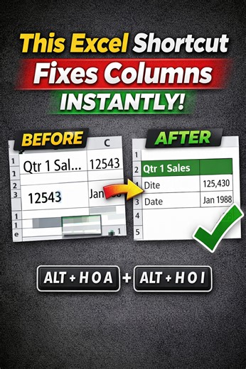 Messy Excel Data? 😵 Still Fixing Columns One by One? ⌨️✨ #ExcelTips #ExcelShortcuts #OfficeHacks #ProductivityTools #ExcelForWork #DataCleanup #WorkSmarter Your Excel sheet looks messy and you’re still dragging columns one by one? There’s a faster way most people don’t know. 😮 In this quick Excel trick, you’ll learn how to instantly fix column width and row height using a simple keyboard shortcut. Why this matters: • Saves time on messy spreadsheets • Perfect for office work, school, and daily