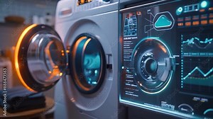 A futuristic washing machine with a digital display showing various settings and data. The machine is open and ready to load clothes, showcasing its sleek design.