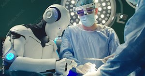 Robot performs surgical operation in modern hospital. Teamwork of professional medical surgeons in operating room. Providing treatment with artificial intelligence. Concept of modern medicine.