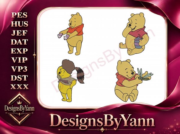 Winnie the Pooh Bear - Scarf Davy Crockett Hat Flowers Honey Pot - Classic Pooh Poses Collection - Filled Embroidery Design - Etsy