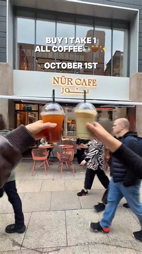 NŪR CAFE on Instagram: "☕✨ Celebrate National Coffee Day with us at Nur Café! Buy 1, Get 1 FREE on ALL coffees (excl. Arabic coffee and V60) ⁠for you and a friend🫶🏼 ⁠ 🎉 Don’t miss your double shot of happiness * must show this post to your waitress * must tag us in an Instagram story * only one offer redeemable per order / table ⁠ #nurcafe #manchestercafe #halalcafe #arabiancafe #manchesterfoodies #manchestereats #deansgatemanchester #halalfooduk #halalmanchester #hospitalitylife #baristalife