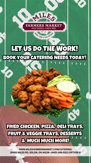 🏈 Touchdown-Worthy Catering for Your Football Parties! 🏈 Planning a football party? Let us take the stress out of the kitchen with our fan-favorite catering options! 🎉 From crispy fried chicken, cheesy pizza, and saucy wings to fresh deli trays, colorful fruit & veggie platters, and irresistible dessert trays—we’ve got everything you need to feed your team. Whether you’re hosting a few fans or a full house, we’ll make sure your spread is a total touchdown! 🏆 📞Call us today at 440-248-5222 (