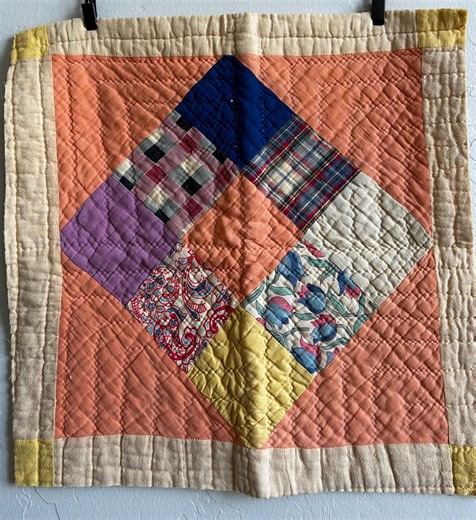 Sherbert Orange Calico 9 Patch Quilt Piece, Cotton Fabric Crafting (16.5 X 17 inches)