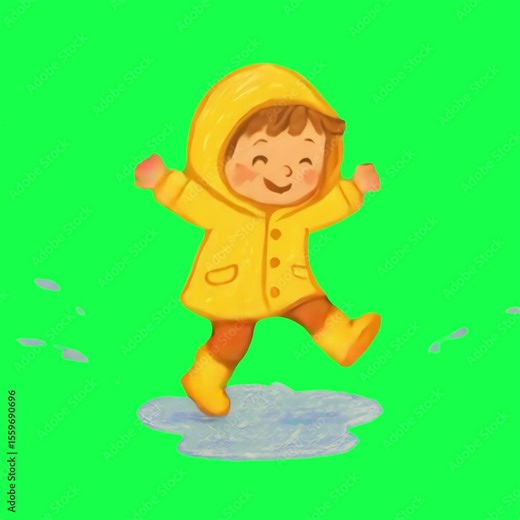 Joyful child jumping puddle animation, transparent 4K video, green screen
