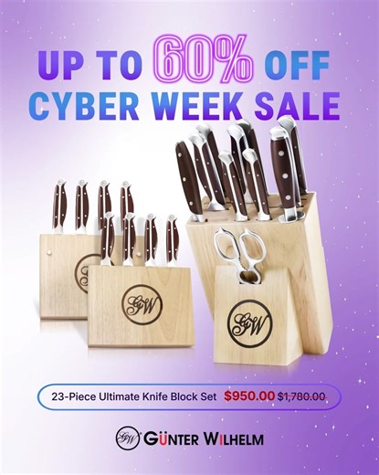 Cyber Week is almost over ⏳ Save up to 60% OFF premium German-steel kitchen knives & cookware. Top picks, limited quantities, and rare mid-week deals before the event ends. Shop now  https://gunterwilhelm.com/deals #GunterWilhelm #CyberWeek #ChefKnives #CookwareSale #HolidayCooking #KitchenEssentials | Günter Wilhelm | Facebook