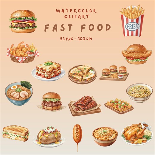 Watercolor Fast Food Clipart Bundle – 53 PNG 300 DPI, Burger Fries Pizza Ramen, Sublimation Design, Commercial Use Food Graphics - Etsy