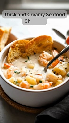 Thick and Creamy Seafood Chowder 🥣 Nothing beats a warm bowl of rich, creamy seafood chowder on a cozy day. Loaded with tender shrimp, flaky white fish, and hearty vegetables in a velvety cream base, this chowder is pure comfort in every spoonful. 📝 Ingredients Seafood ½ lb shrimp, peeled and deveined ½ lb white fish fillets (cod or halibut), cubed ½ cup bay scallops (optional) Vegetables & Aromatics 1 cup yellow onion, diced ½ cup celery, diced ½ cup carrots, diced ½ cup corn kernels (fresh o