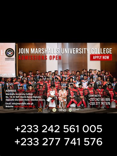 Join Marshalls University College. We offer Certificate, Diploma, BSc, MSc, and PhD programmes. Contacts: 233 266 741 576 / 233 242 561 005 #marshallsuniversitycollege #marshalls #marshallsuniversity #ghanauniversities #privateuniversitiesinghana @profkofiboakye