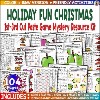 Holiday Fun Christmas 1st-3rd Cut & Paste Game Color Mystery Resource Kit .