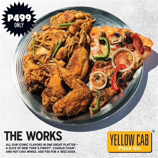 Meet The Works, our most iconic products in one bang-for-your-buck plate! Get an XLarge 15” slice of New York’s Finest® pizza, 100g of Charlie Chan® pasta, and 4 pieces of Hot Chix Wings for just P499! Head over to your nearest Yellow Cab or get it delivered now: 🛵 delivery.yellowcabpizza.com 🛵 Viber: 0918-803-8306 / 0998-582-1005 / 0918-807-3591 🛵 Metro Manila: (02) 8-789-9999 🛵 Baguio: (074) 442-9999 🛵 Cavite: (046) 416-9999 🛵 Laguna: (049) 502-9999 🛵 Batangas: (043) 723-2222 🛵 Cebu: (