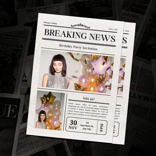 Newspaper Birthday Invitation, Glam Party Evite, Editable Social Media Flyer Template, Digital Birthday Dinner Invite - Etsy