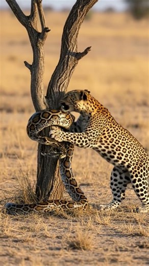 Leopard bite python wrapping the tree #wildlife #animallife